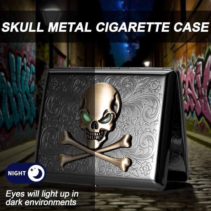 Металеве тютюнотримач вінтажний для жінок та чоловіків, вміщує 18-20 сигарет (100 мм), чорний з черепом