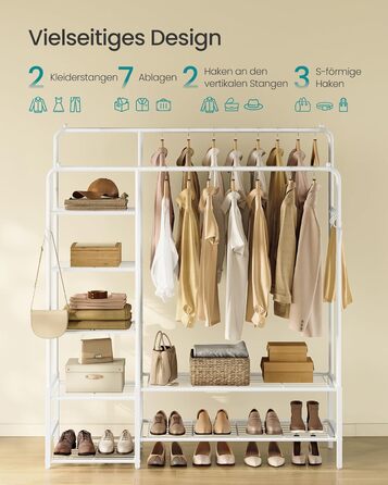 SONGMICS Стійка для одягу, відкрита шафа, вішалка для одягу з 7 полицями, металевий каркас, перекладина для одягу, для спальні, вітальні, передпокою, HSR182B01 (Білий, 115,8B см)