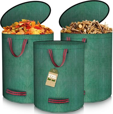 BuzzoXerex 3x Garden Waste Sack with Lid, 272L Stand-Alone Garden Sack with 4 Tear-Resistant Handles, Waterproof, Foldable, Reusable Leaves Sack Large for Garden Waste and Green Waste