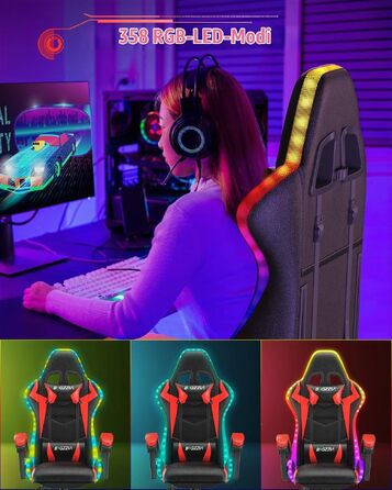 Ігрове крісло Racingreat з RGB LED підсвіткою, ергономічне геймерське крісло (Чорно-червоне, Синя світлова смуга)