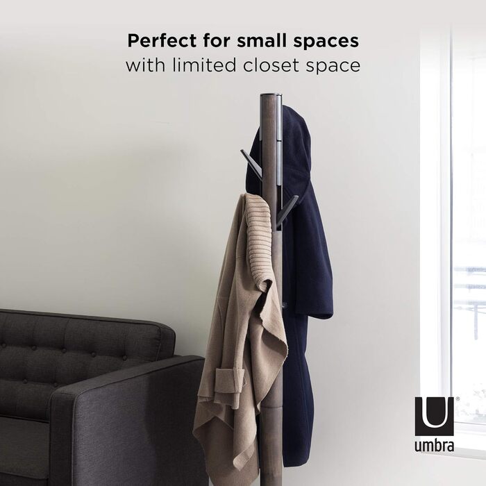 Umbra Flapper Coat Rack – Clothes Rack with 9 Foldable Hooks for Entryway and Office, Wood, White, 57.2 x 57.2 x 165.1 cm, White (Black/Walnut, Single)