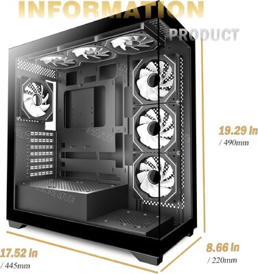 Ігровий корпус для ПК ANSAITE Mid-Tower, 6 ARGB PWM вентиляторів 120мм, панорамне загартоване скло, підтримка радіатора 360мм, USB Type-C, Чорний (schwarz-C9)