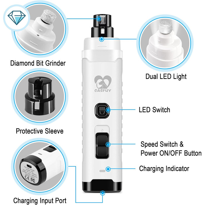 Електричний точило для собачих кігтів Casfuy з LED-підсвіткою, 4.8V, 2 швидкості, для середніх собак