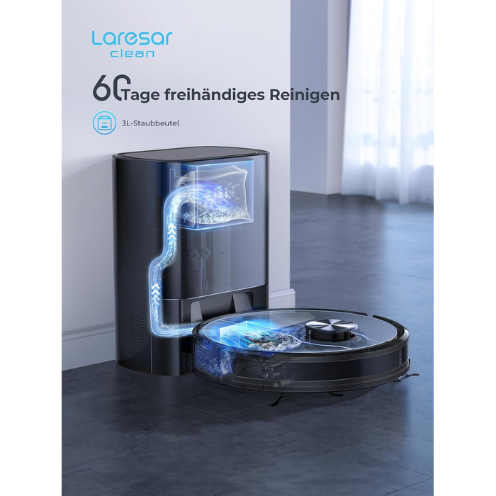 Робот-пилосос Laresar Clean з функцією миття підлоги, станція самоочищення L6 Nex, навігація LiDAR, 3л контейнер, до 180 хв роботи, 3-в-1 (прибирання, миття, пилосос), для видалення шерсті тварин, чорний