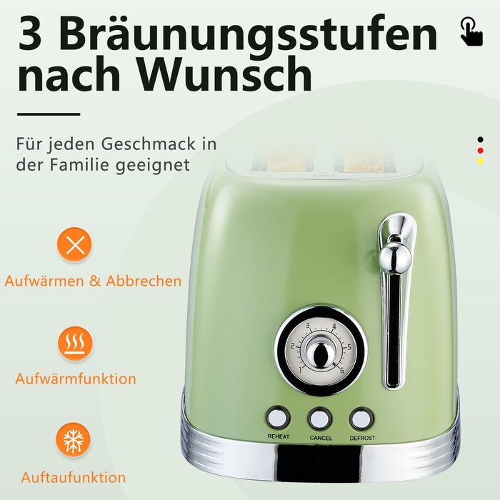 Електричний чайник та тостер-сет Retro з нержавіючої сталі, 2200 Вт, 1.8 л, для чаю, кави, дитячого харчування, без BPA, зелений