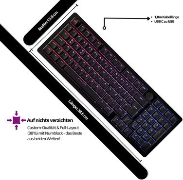 Механічна ігрова клавіатура NYFBOARD GEN2 (98%, Black) з Gateron Yellow, ISO DE Layout, RGB підсвітка, Hot-Swappable