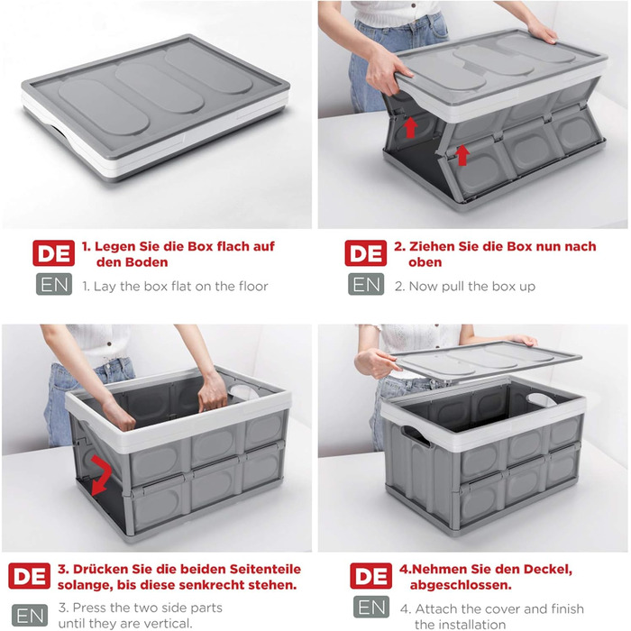 Yorbay 2-Piece Set 55L Professional Folding Box Transport Box with Lid, Foldable Storage Box with Handle, Stackable Boxes Storage Box Folding Boxes Stackable Boxes for Storage and Transport, PP, Grey (55L)
