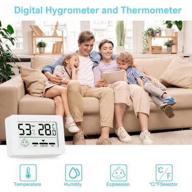 YIFMOO 6 Pack Mini Thermometer Hygrometer Indoor, Digital Thermometer Hygrometer with Smiley Display for Baby Rooms, Senior Rooms, Study Rooms, Wine Cellars, Living Rooms, etc., (white)
