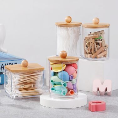 Контейнер для ватних паличок (4 шт.) з бамбуковою кришкою - органайзер для макіяжу, ватних дисків, для ванної кімнати та спальні