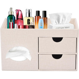 Tissue Box Linen with Drawers, Square Cosmetic Tissue Box with Magnetic Closure, Tissue Box with Side Pocket for Mobile Phones, Cosmetic Brushes, Remote Controls, Office Supplies, Perfumes (Beige)