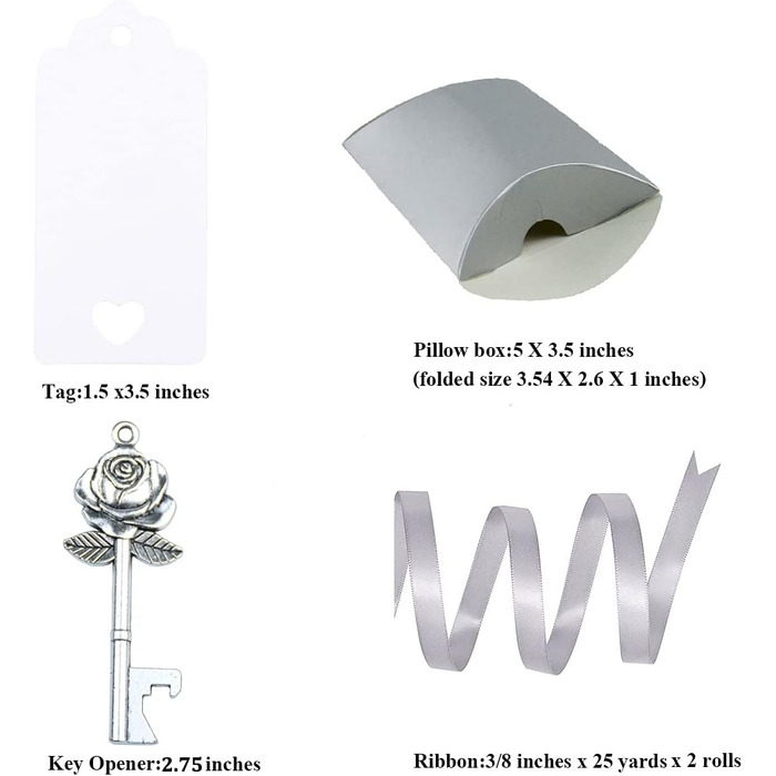 Aokbean 50pcs Wedding Key Bottle Openers Vintage Rose Flower Shape Gifts for Guest Gift Set with Candy Boxes, Thank You Tags and Ribbon (Antique Silver)