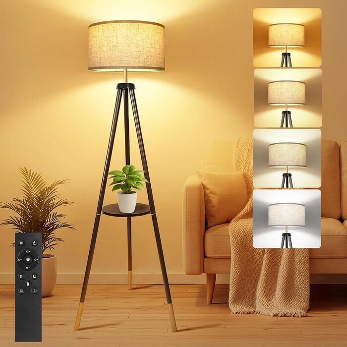 LED торшер OUTON з регулюванням яскравості, тринога, дерево, з полицею, пульт, 4 колірні температури, таймер 1 година, чорний/золотий, з бежевим абажуром для вітальні, спальні, офісу