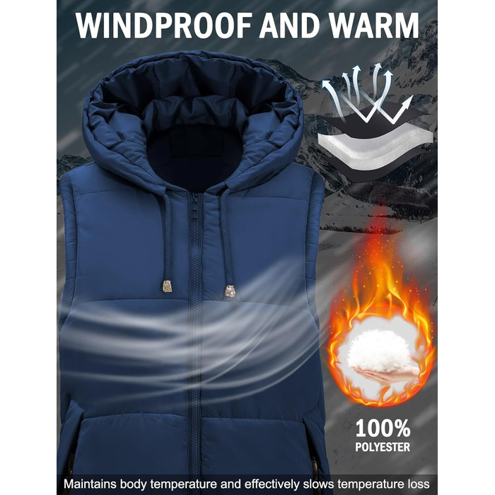 Жіноча довга стьобана жилетка Vancavoo з капюшоном, тепла зимова жилетка, довга жилетка (Морська синя, S)
