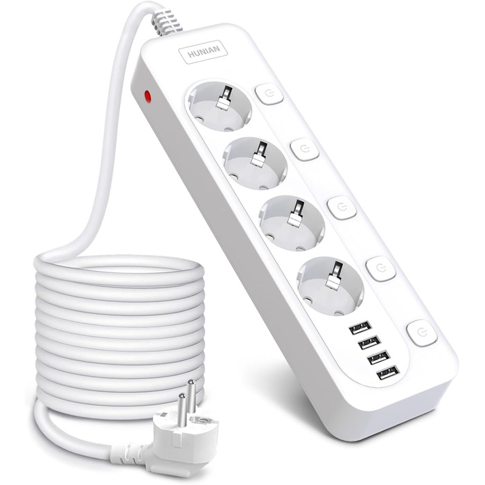Мережевий фільтр з USB, 4 розетки, HUNIAN, 4000W/16A, індивідуальне вмикання, захист від перенапруги, дитячий захист, 2 м кабель