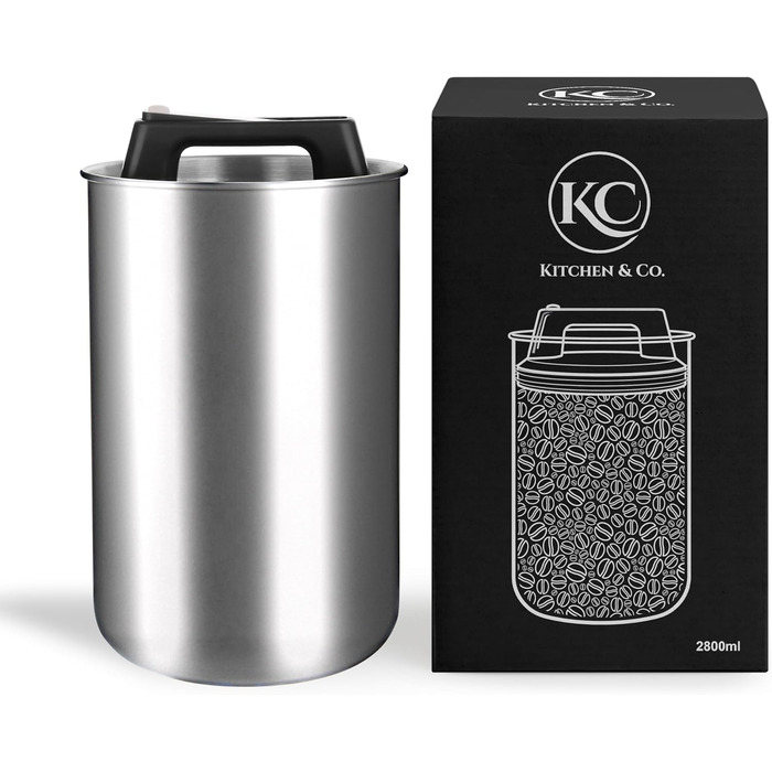 Контейнер для кави KC Kitchen & Co. на 1 кг з нержавіючої сталі, герметичний, з вакуумним клапаном, 2800 мл, сріблястий