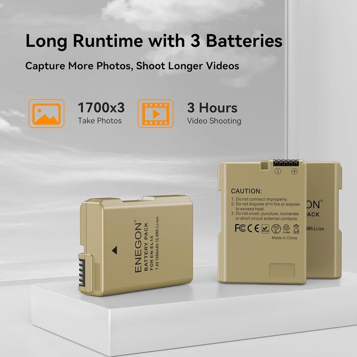 Запасний акумулятор ENEGON EN-EL14/EL14a (2 шт.) та смарт-LED зарядний пристрій Dual USB для Nikon DSLR D3100, D3200, D3300, D3400, D3500, D5100, D5200, D5300, D5500, D5600, DF, Coolpix P7000, P7100, P7700, P7800 (2 акумулятори + зарядний пристрій)