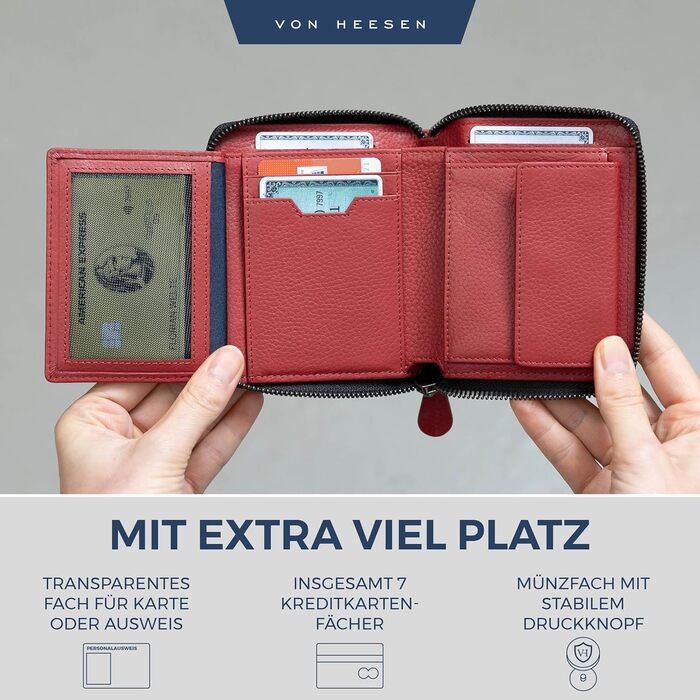 Шкіряний гаманець VON HEESEN з RFID-захистом, червоний, для жінок і чоловіків, з монетницею