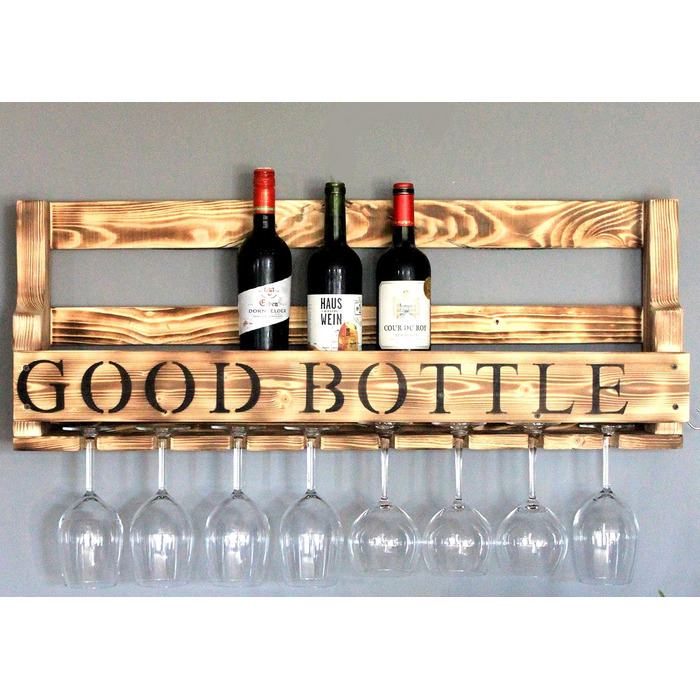 Wooden Wall-Mounted Wine Rack - with Glass Holder and VINO Sign - Flamed - Fully Assembled - Shelf for Wine Bottles and Glasses (Brown / Flamed (with Black Good Bottle Sign))