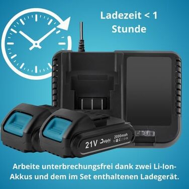 Акумуляторний ударний шуруповерт Delphi з 2 акумуляторами та зарядним пристроєм (50 Нм, 2200 об/хв - 2 швидкості) 21V комплект з кейсом (41 шт.) 2 x 2000 mAh з LED-підсвічуванням