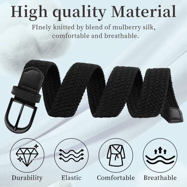 Жінський та чоловічий тканинний ремінь Flintronic, еластичний плетений ремінь, ширина 3.3 см, довжина 107 см (для обхвату талії 76-115 см), колір: чорний