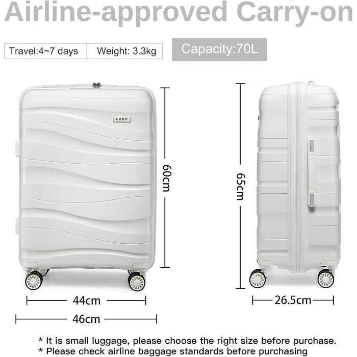 KONO Чемодан середнього розміру 65см з поліпропілену, з TSA замком, 65x46x26.5см (Крем-білий)