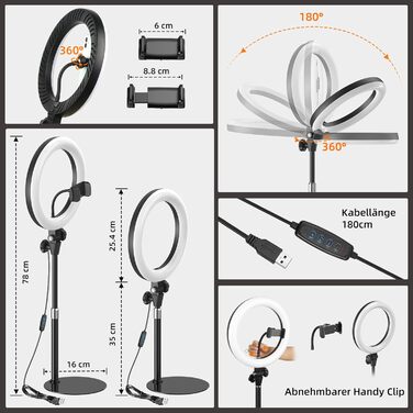 Кільцева лампа Evershop 10.5” з штативом для телефону/ноутбука: відеоконференції, стрімінг, YouTube, TikTok, LED, 3 кольори, 10 рівнів яскравості, 360° обертання