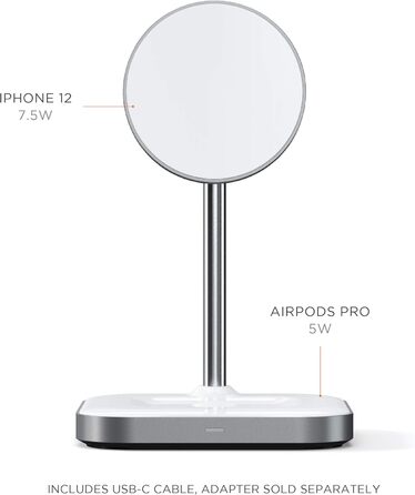 Стійка для бездротової зарядки SATECHI 2-в-1 з магнітним кріпленням, сумісна з iPhone 17/16/15/12 та AirPods Pro/AirPods 4/3