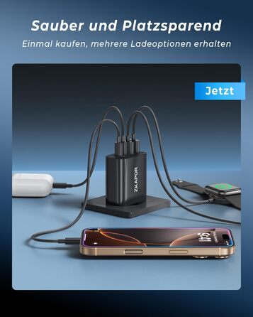 Зарядний пристрій ZKAPOR USB-C з 4 портами, 40W, з підтримкою PD та QC, для iPhone 16/15/14, Samsung Galaxy, Huawei, iPad Pro/Air, білий/чорний