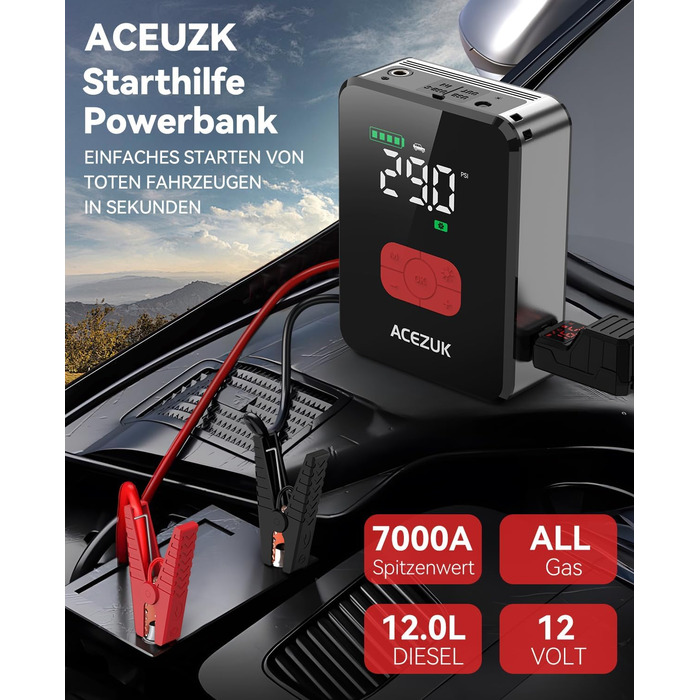 Powerbank Starthilfe 7000A з компресором 150PSI для автомобілів, LED-ліхтарик, 12V
