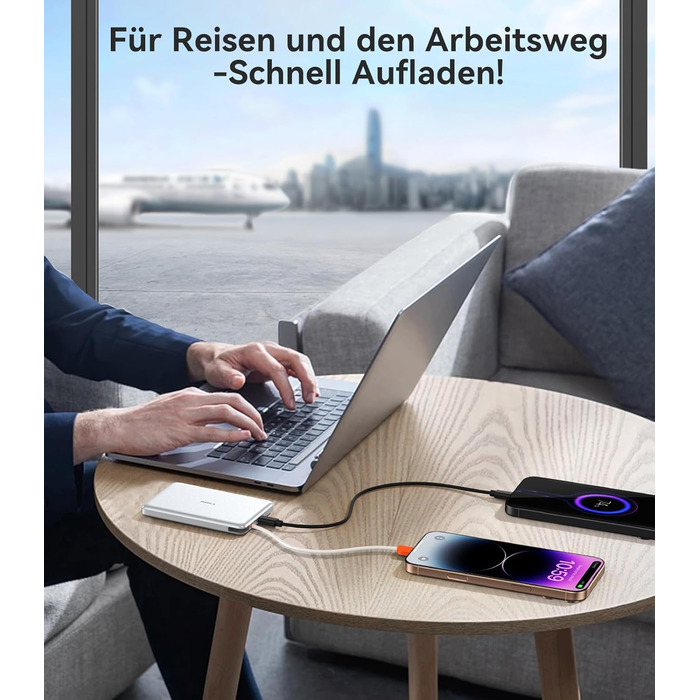 Портативний зарядний пристрій TORRAS 10000mAh з кабелем USB-C, 22.5W PD3.0, білий. Сумісний з iPhone, Samsung, AirPods.