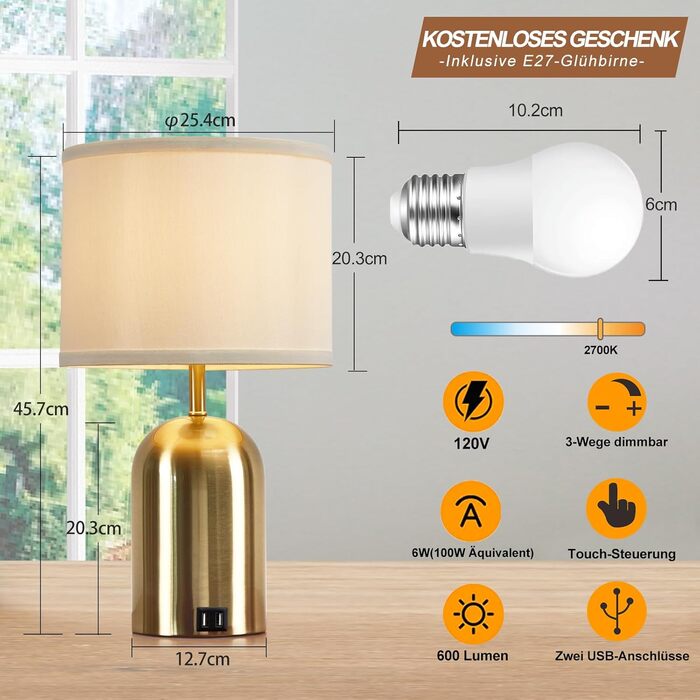 Настільна лампа GyroVu з USB-портом, сенсорним керуванням, 3 рівнями регулювання яскравості, тканинним абажуром та золотим підставою для спальні, вітальні та домашнього офісу