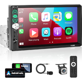 Автомагнітола SIXWIN 1 DIN з 7'' сенсорним екраном, Apple CarPlay, Android Auto, Bluetooth, FM, USB/AUX/TF, з камерою заднього виду, мікрофоном та пультом