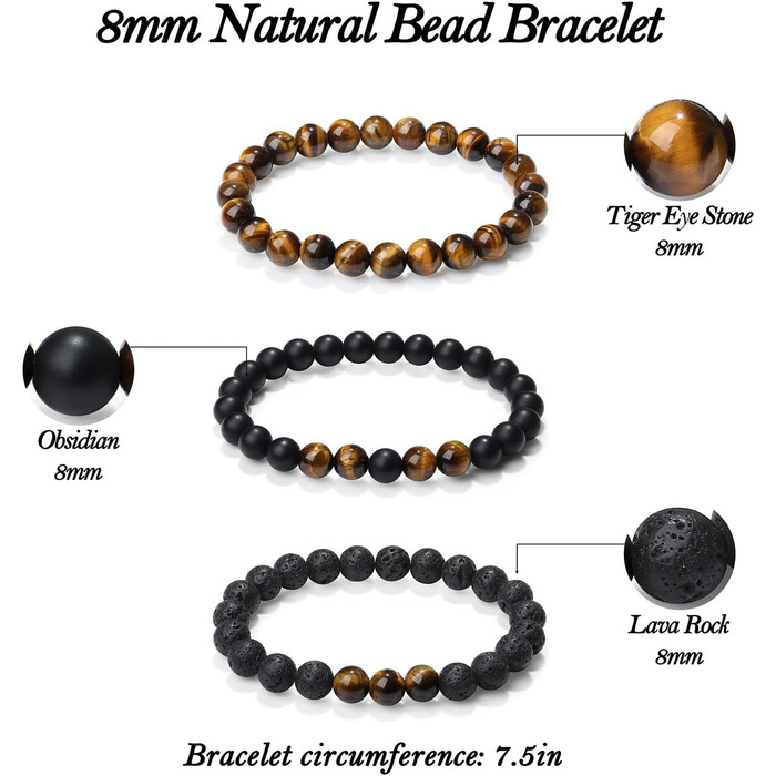 Чоловічі браслети з натурального каміння: тигрове око, лава, онікс, бірюза. Набір 3-4 шт.