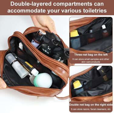 Чоловіча косметичка Kulturbeutel, водонепроникна сумка з PU-шкіри, чоловіча валізка з вологостійким мішечком, двошарова косметичка, дорожня сумка для чоловіків (коричнева шкіра)