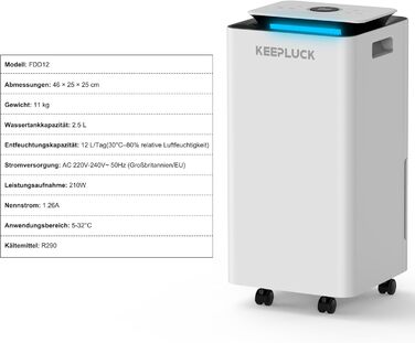 Зволожувач повітря 12L/24H для ванної кімнати та кімнати, 18-24м², білий (FDD12)