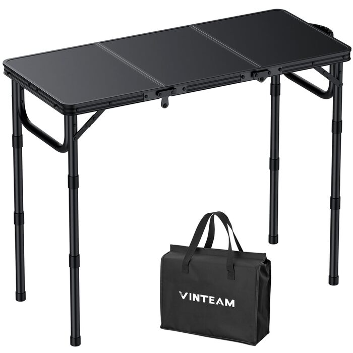 VINTEAM Складаний туристичний стіл 87x40 см, 3-х рівневий, регульована висота, алюміній, для кемпінгу, барбекю, пікніка, саду. MDF