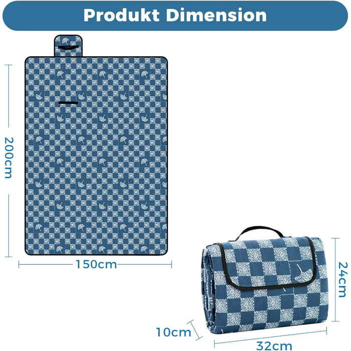 Плед для пікніка Oak & Tea 200x200 см, водонепроникний, ізолюючий, XXL, складаний килимок для пляжу, кемпінгу, подвір'я з міцного Оксфорду (джинсово-синій)