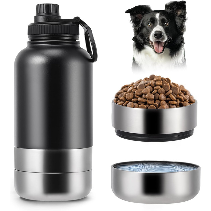 Водяна пляшка для собак на винос 4-в-1, 1000 мл, з мисками для води та корму, з нержавіючої сталі, BPA-Free