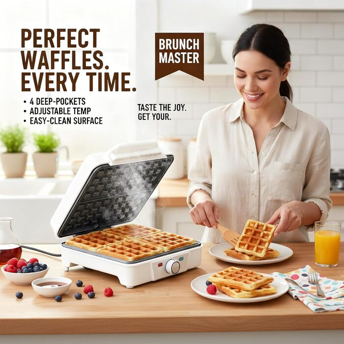 Вафельниця VINATO для приготування 4 бельгійських вафель, 1200W, антипригарне покриття, регулювання температури