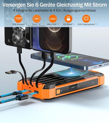 Power Bank Solar GOODaaa 26800mAh з 6 виходами, 4 входами, 15W, для мобільних пристроїв, з ліхтариком та карабіном (Оранжевий)