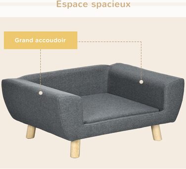 PawHut Софа для собак, скандинавський дизайн, м'яка подушка, дерев'яні ніжки, 87 x 61 x 36 см, поліестер, сіра