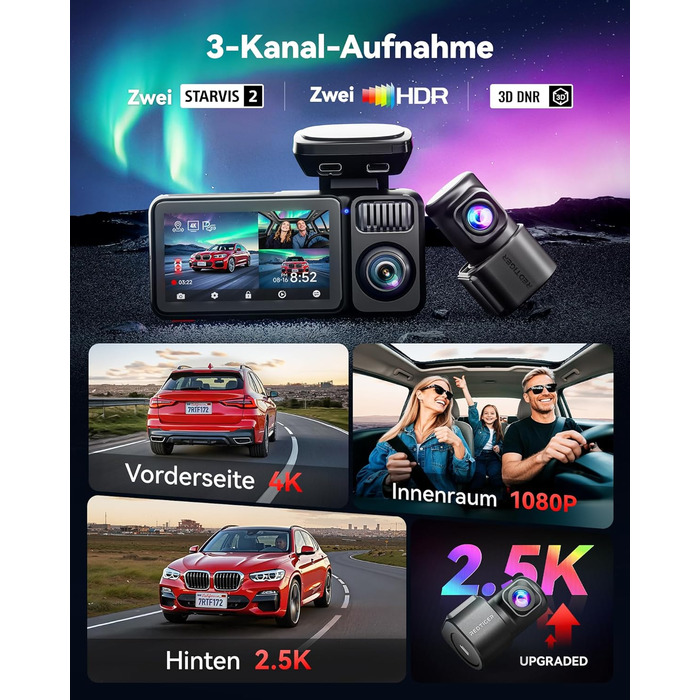 Автомобільний 3-канальний відеореєстратор REDTIGER F17 Elite 4K з картой 128ГБ, STARVIS 2 IMX678, WiFi 6, GPS, HDR та нічним режимом (передній, задній та салонний)