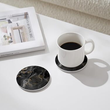 Set of 6 abstract dark blue marble coasters with holder, absorbent ceramic coasters for drinks, coasters with cork backing for table protection, housewarming gifts (Abstract Black Marble)