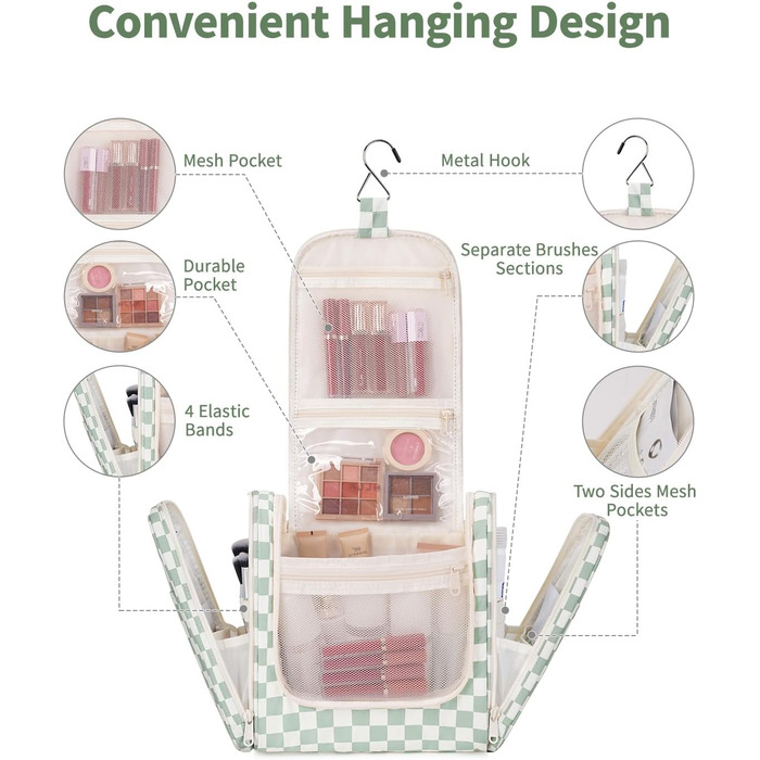 Сумка для косметики та туалетних аксесуарів для жінок та чоловіків, підвісна, з сіткою (блакитне листя, м'ятно-зелена решітка)