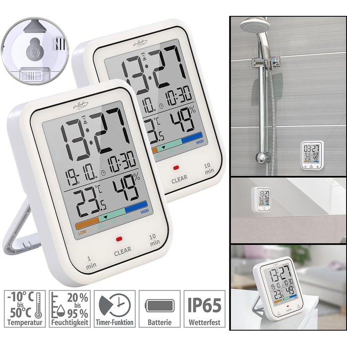 infactory Bathroom Radio Clock: Digital Funky Bathroom Wall Clock with Thermometer, Aluminum, Suction Cups, IP24 (Digital Bathroom Radio Clock, Clock, Gift Ideas) (2-Piece Set Bathroom Clock)