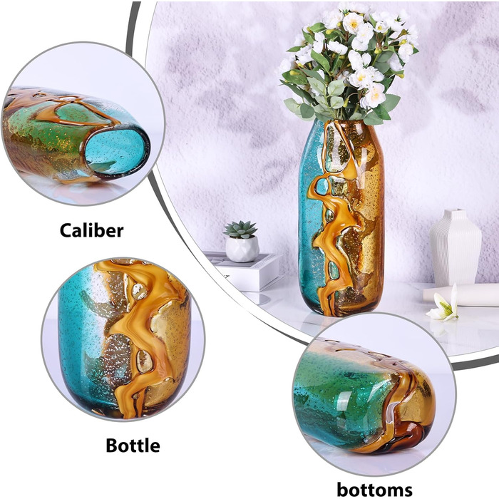 Blue-Green Blown Glass Flower Vase - Unique Murano Style Decor for Bookshelves & Living Rooms