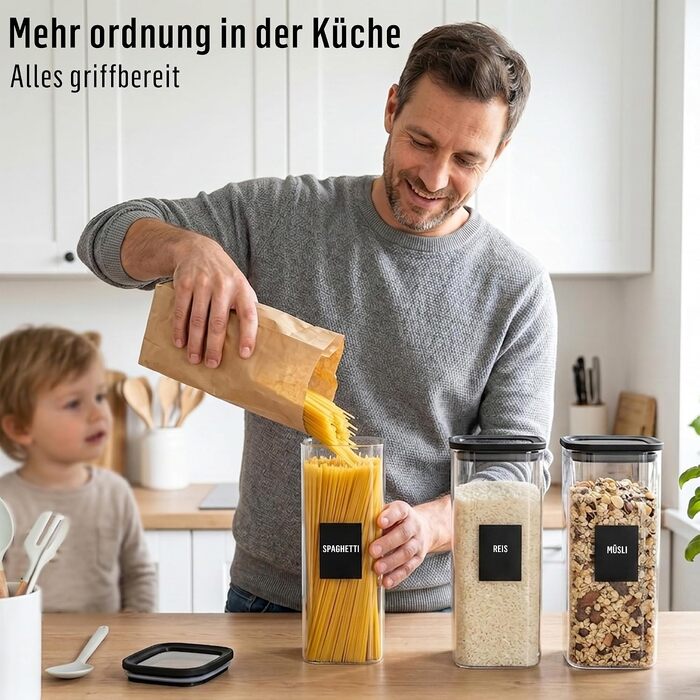 Набір скляних квадратних контейнерів для зберігання продуктів Deco haus з кришками та етикетками, 6 шт по 1600 мл