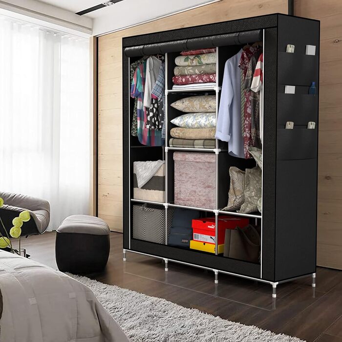 Тканинна шафа INTIRILIFE 130x175x45 см з блискавкою, полицями, штангою та бічною кишенею, складна, для одягу, для кемпінгу, чорна