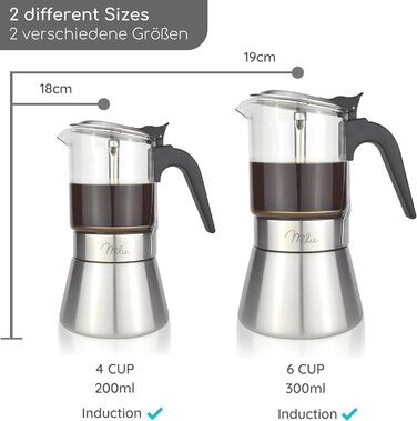 Milu Espresso Maker Induction Compatible | 4, 6 Cups | Stainless Steel Glass Moka Pot, Espresso Pot, Espresso Maker Set including coaster, spoon, brush (4 cups 200ml) Glass 4 cups (200ml)