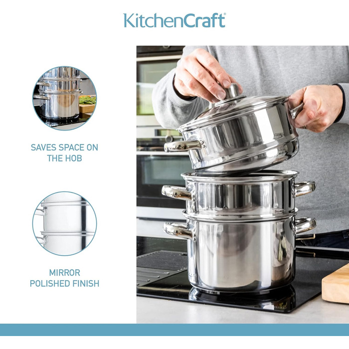 Набір каструль KitchenCraft 3 шт. з набором для приготування на пару, нержавіюча сталь, 16 см (6''), сріблястий, у подарунковій коробці